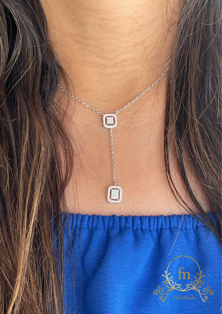 Two squares silver necklace with zircon stones