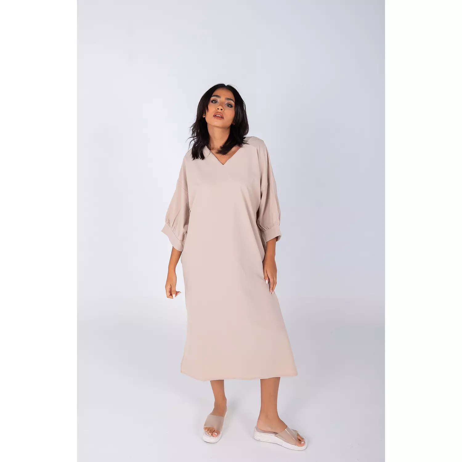 Beige Plain Linen Dress hover image