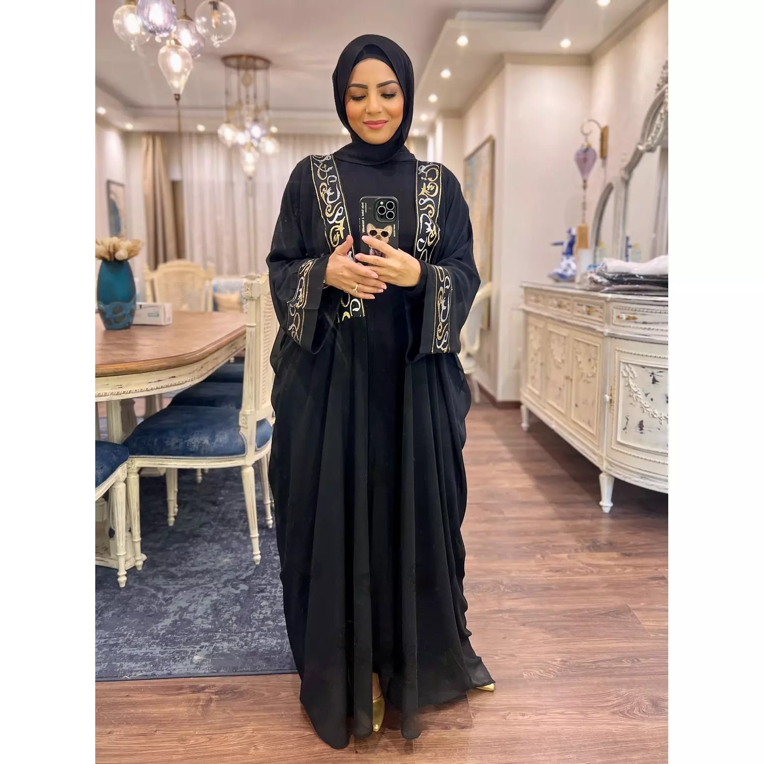 Chiffon Abaya with Arabic Embroidery - Black  5