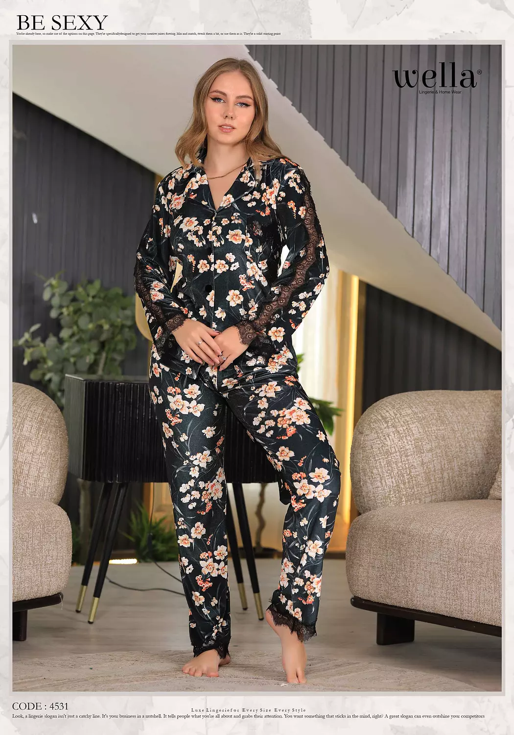 Luxurious velvet pajama with long  sleeves in black hover image