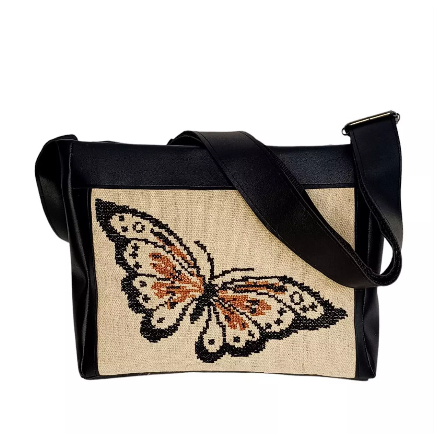 Black leather and beige dekke with handmade embroidery butterfly (A.91-4) hover image