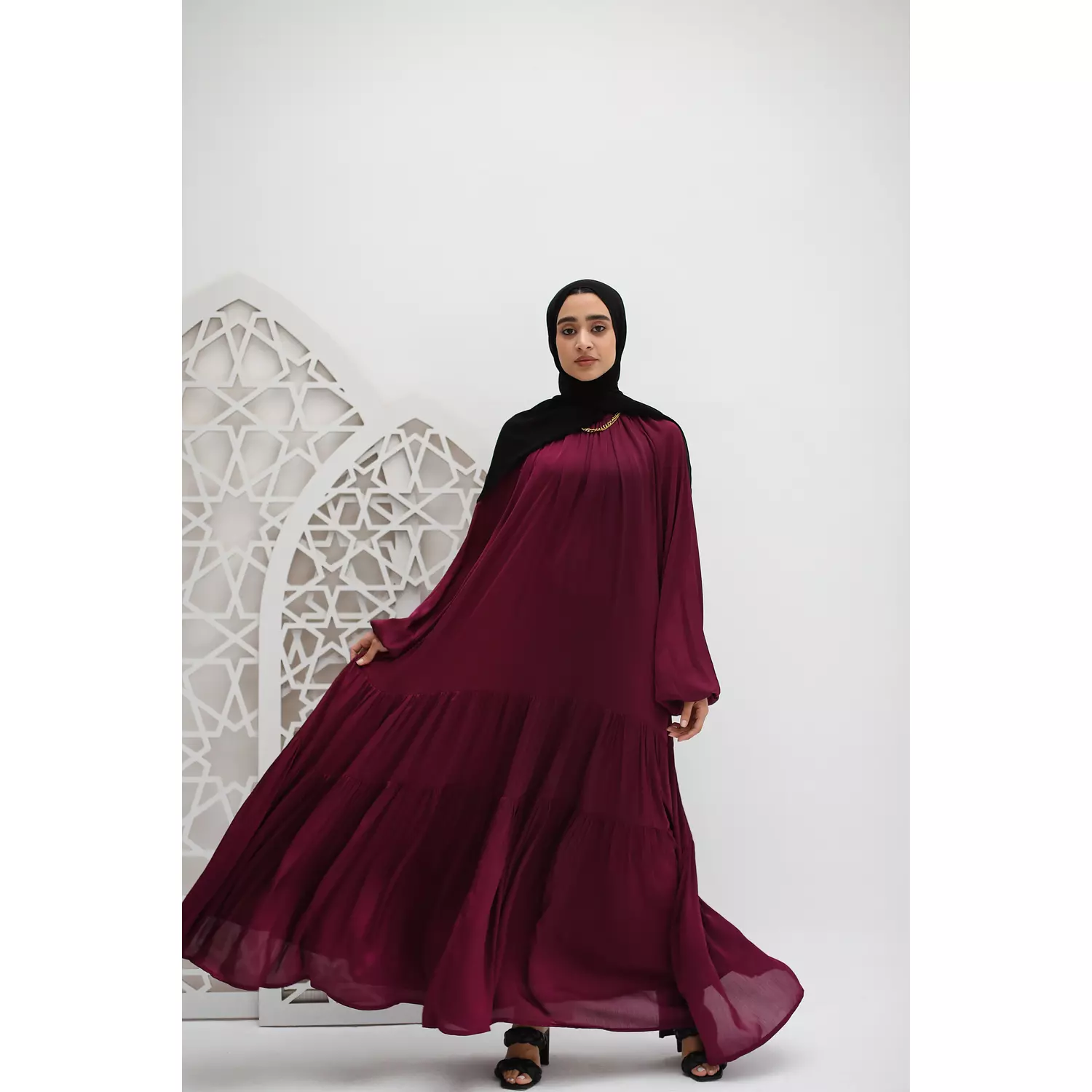 Shimmery Satin Layered Dress in Dark burgandy 5