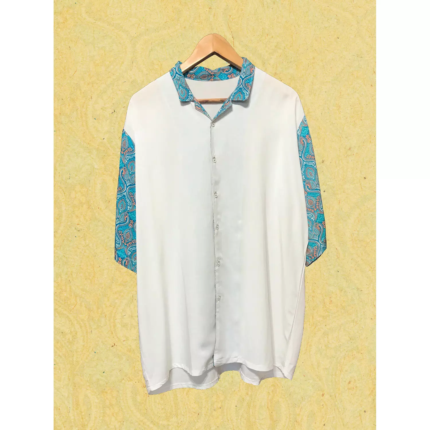 Loosefit White Viscose Shirt w/Blue Pattern Sleeves 2