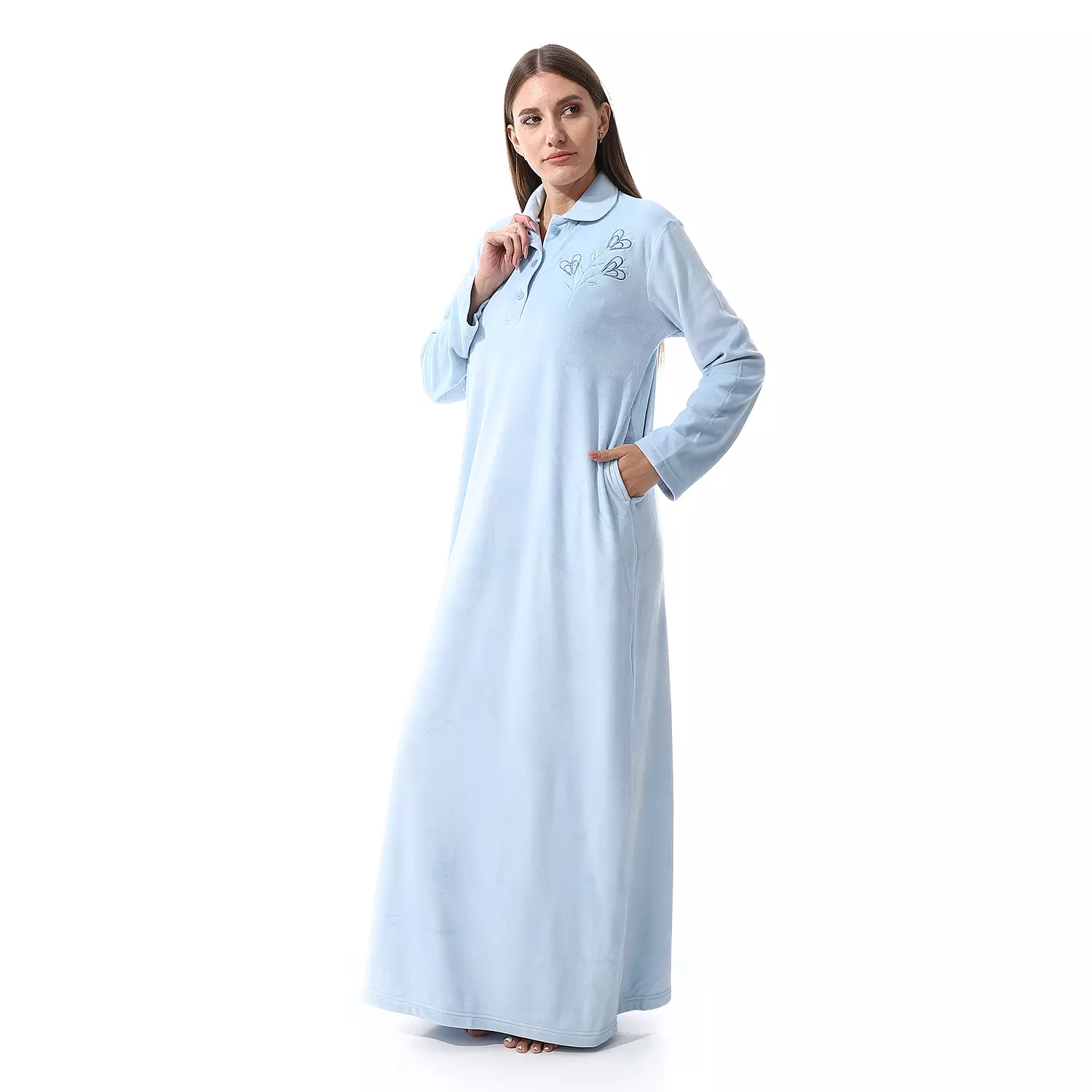 Shorto Collar Fleece Flower Embroidery Nightgown - Baby Blue - 2645  3