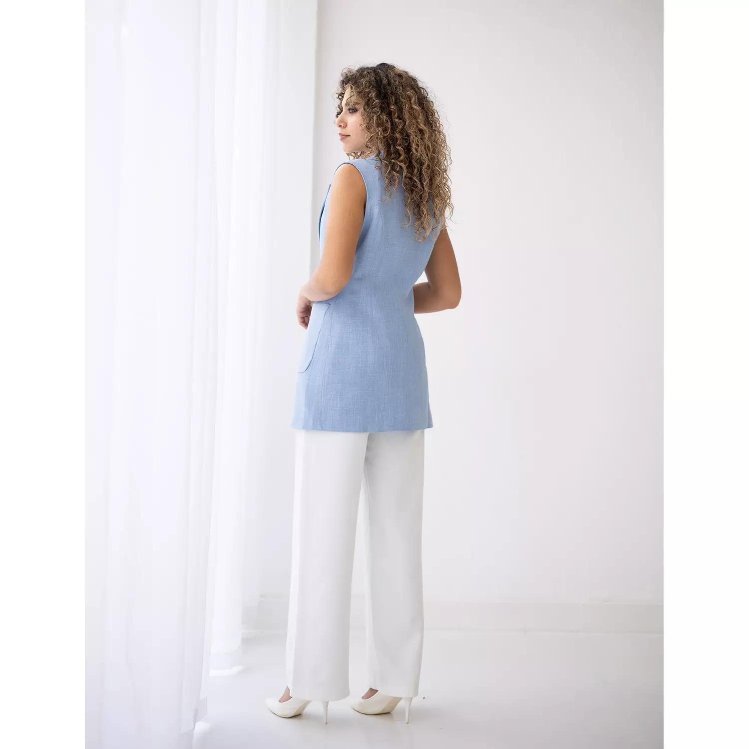 Sky blue long linen vest  6