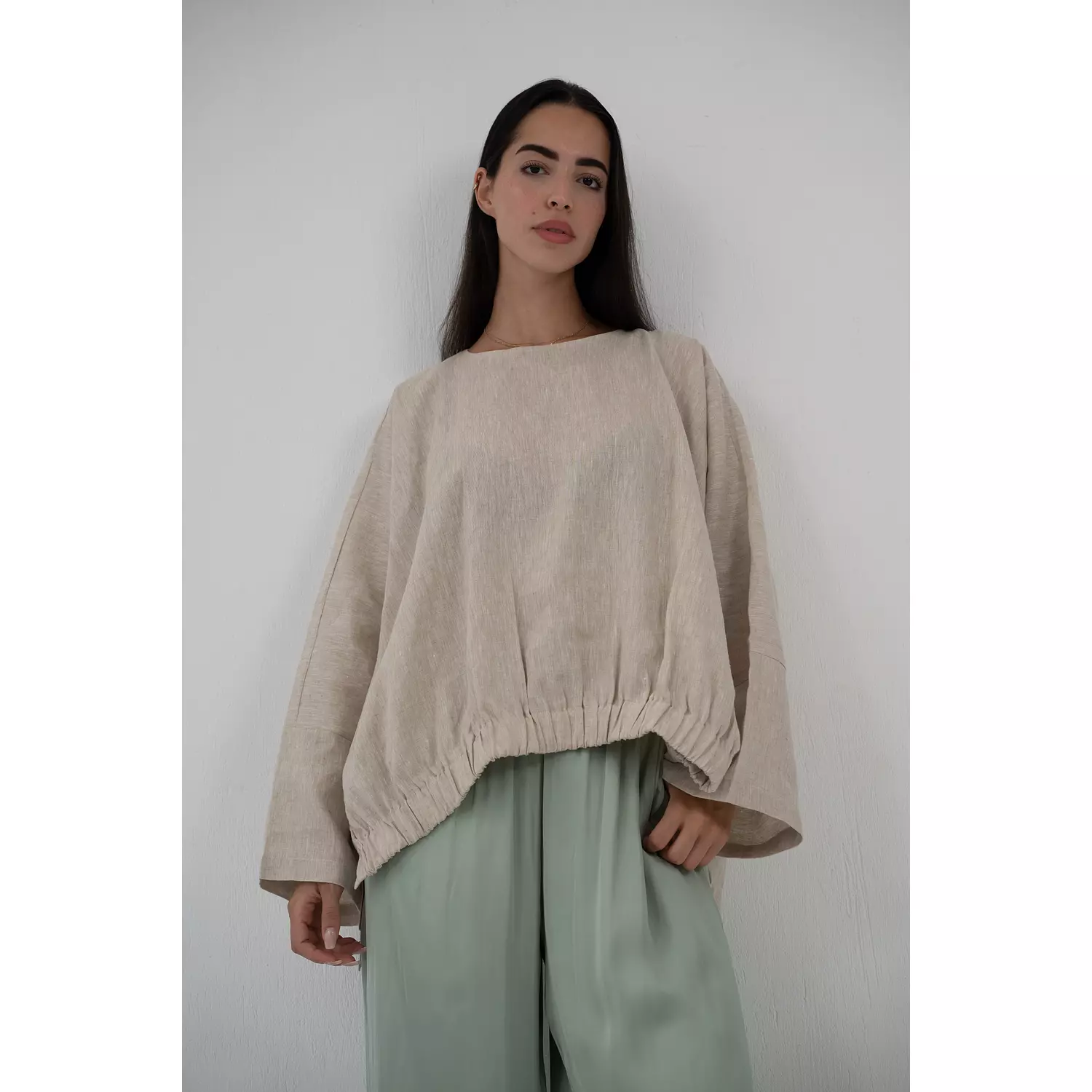 Minimalist linen blouse in beige hover image