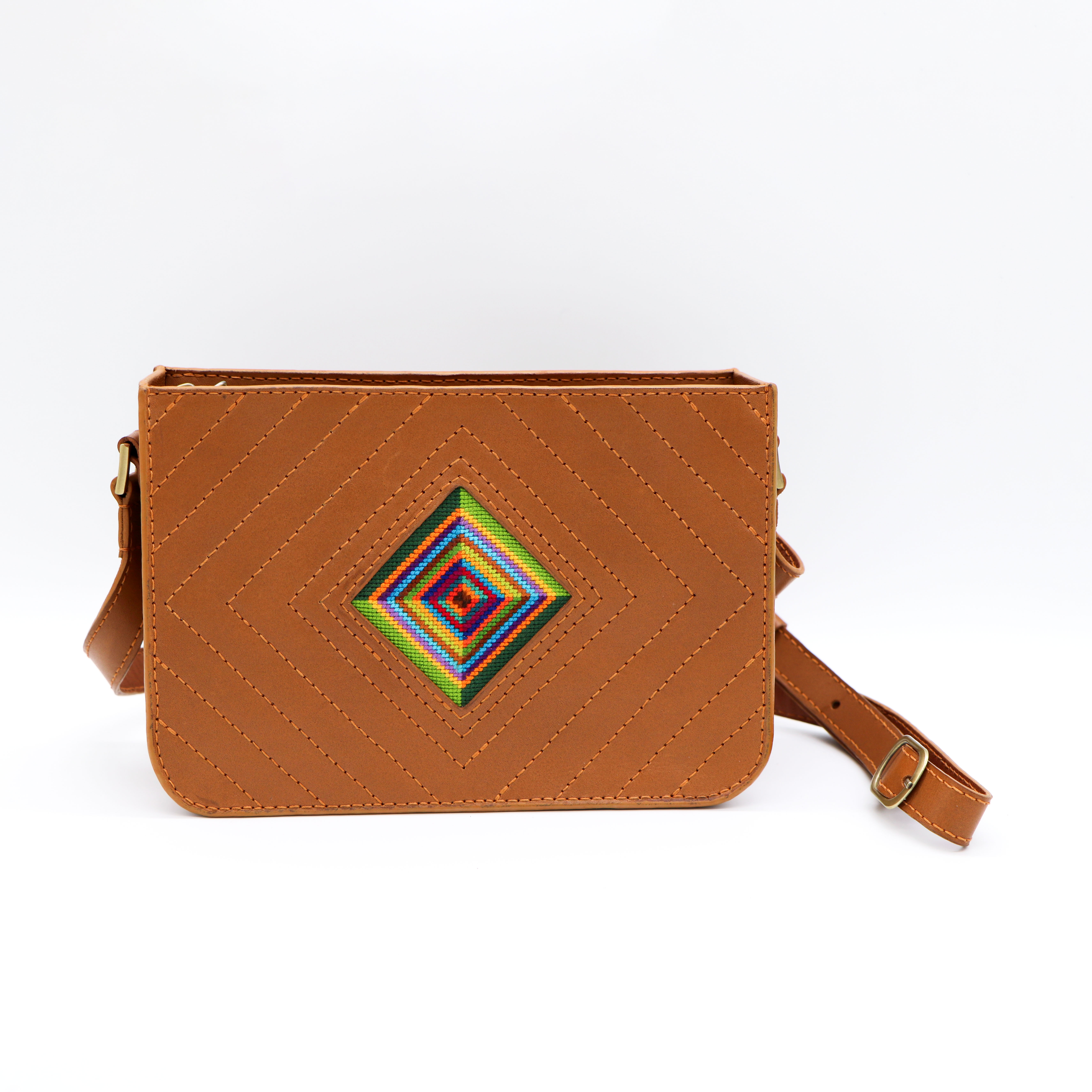Genuine leather bag with colorful Cross-stitching