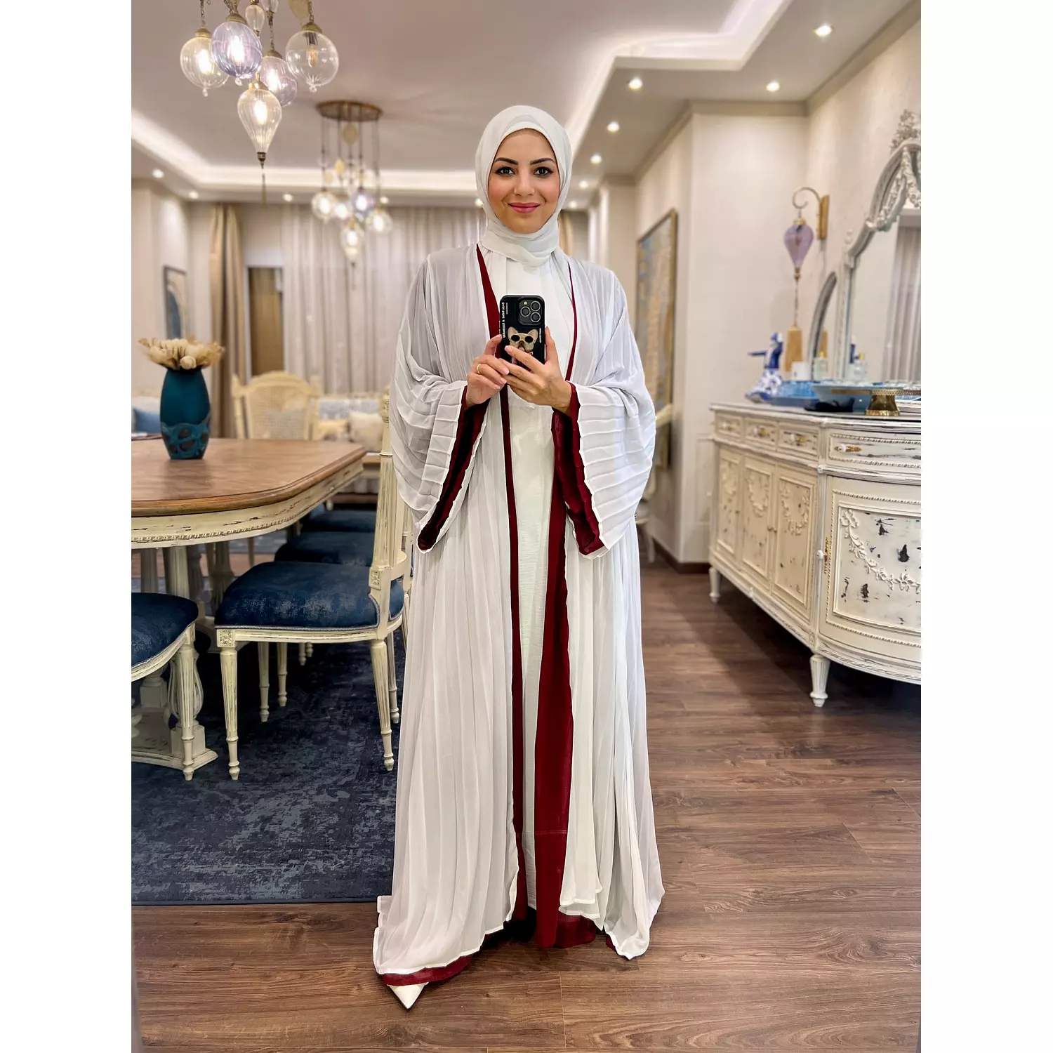 Double-faced Pleated Open Abaya- Maroon & White 6