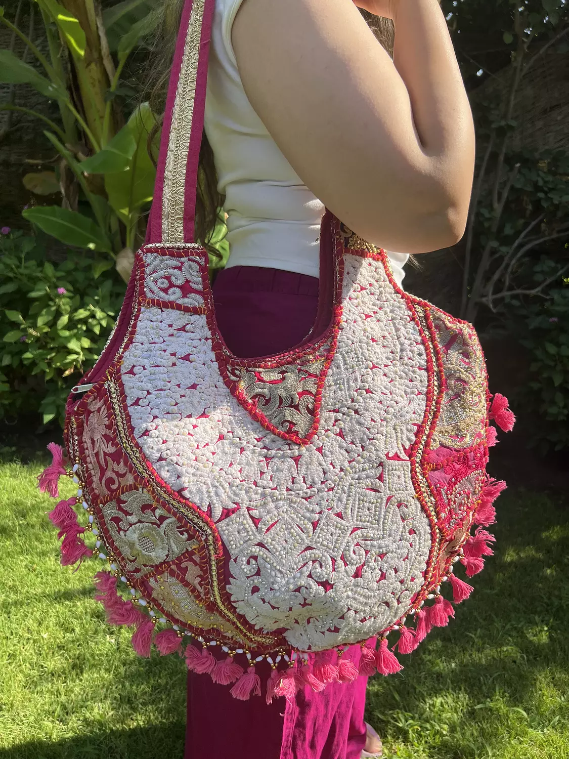 Circular indian Boho bag - Pink/White double face  4