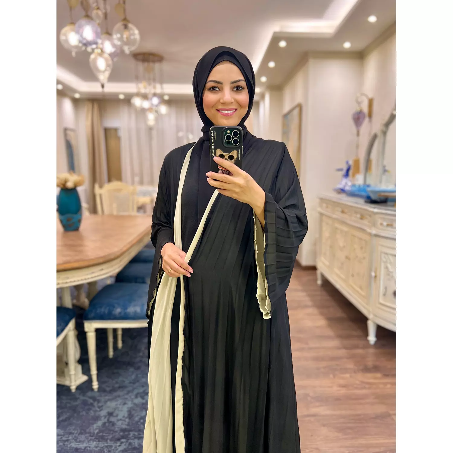Double-faced Pleated Open Abaya- Black & Beige hover image
