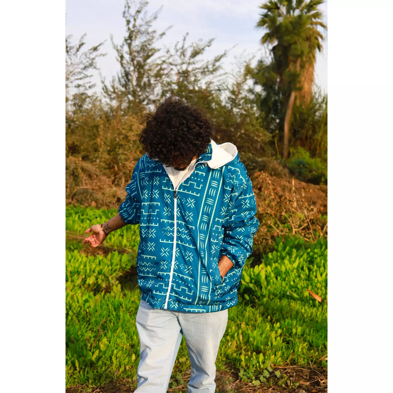 Hooded Blue Patterned Ethnic Bomber Jacket hover image