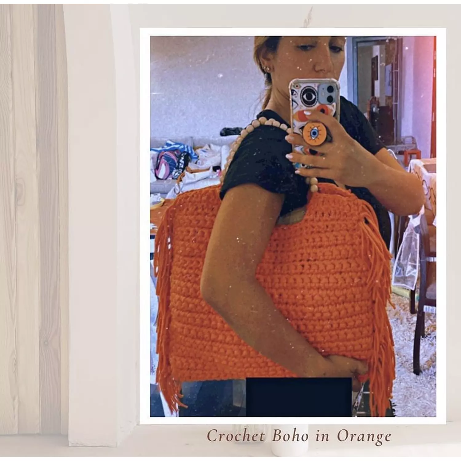 Orange Bead Handle Crochet Fringe Tote (by order) 3