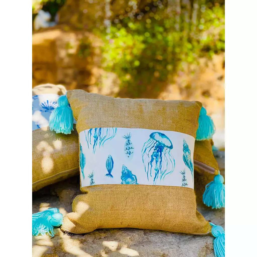 The Turquoise or Navy Burlap Seashell Cushion 