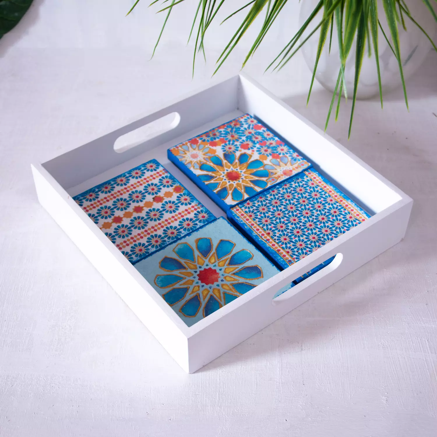 Blue Islamic stars coasters wooden tray  5