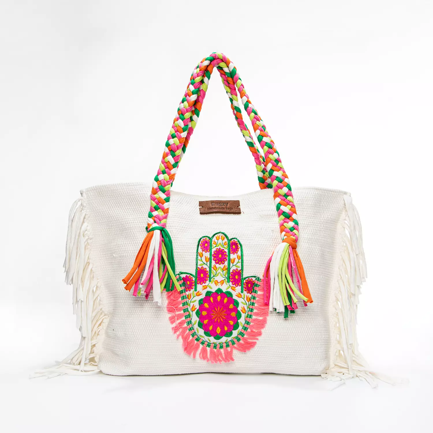 White Kilim Tote Bag with Hamsa Hand Badge 0