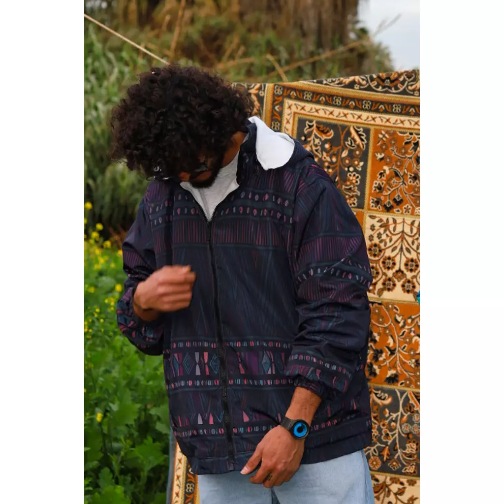 Hooded Black & Purple Ethnic Patterned Bomber Jacket