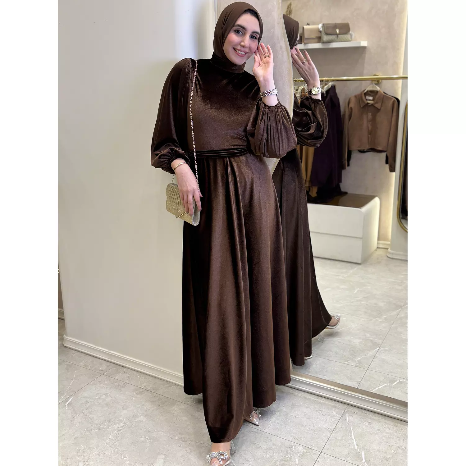 Dark Cocoa (Dark Brown) Velvet Evening Dress hover image