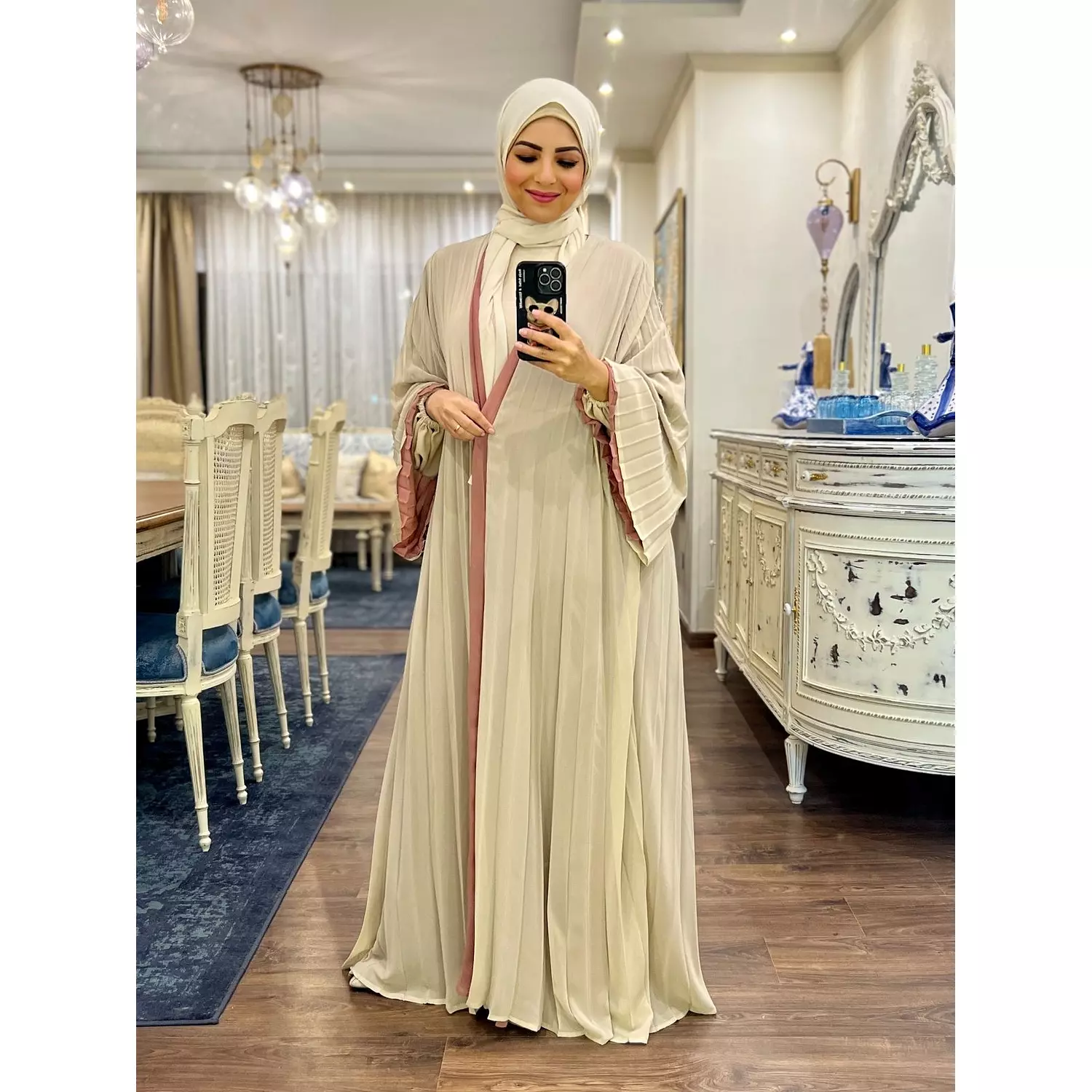 Double-faced Pleated Open Abaya- Beige & Kashmir-2nd-img