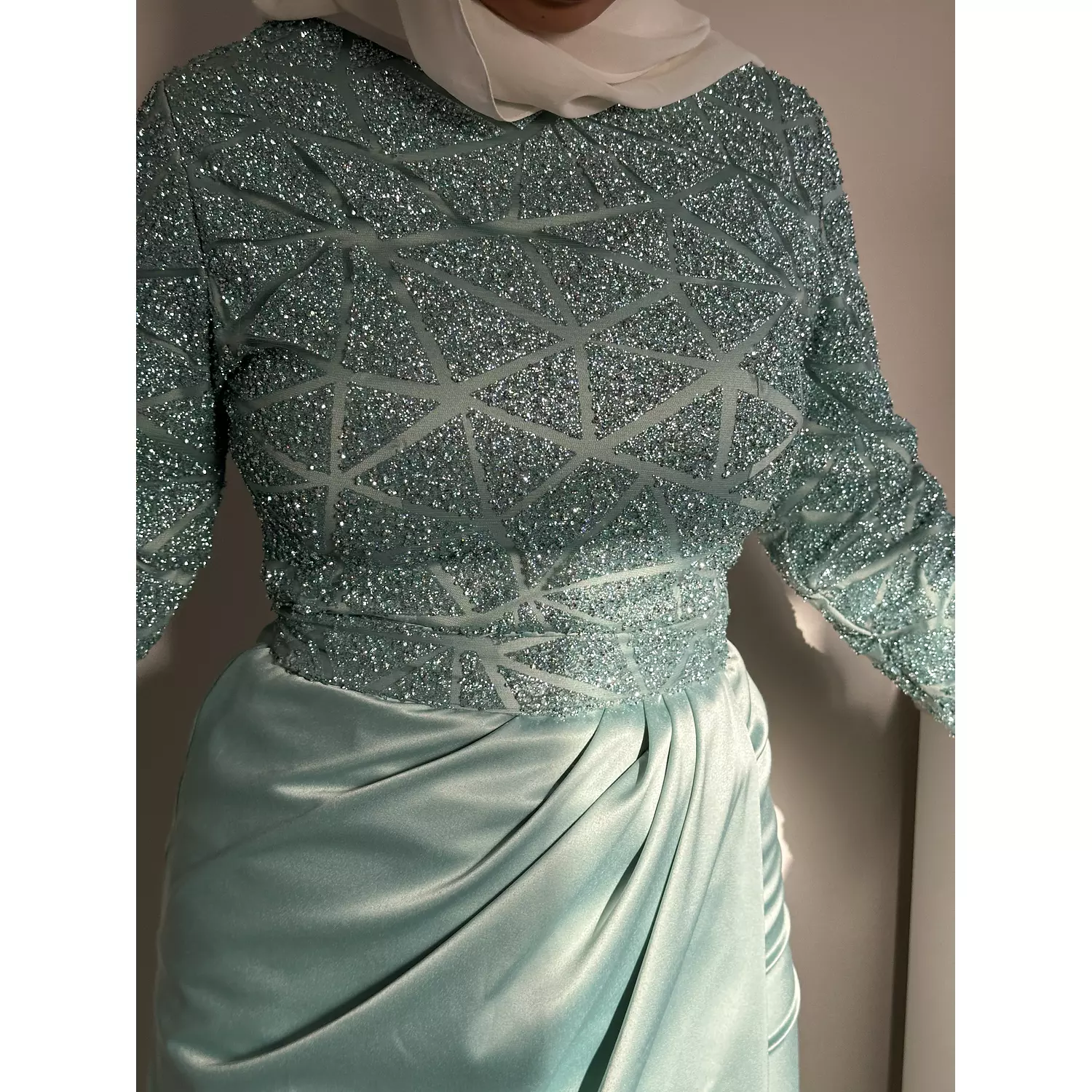 Satin dress with embroidered top in Mint green hover image