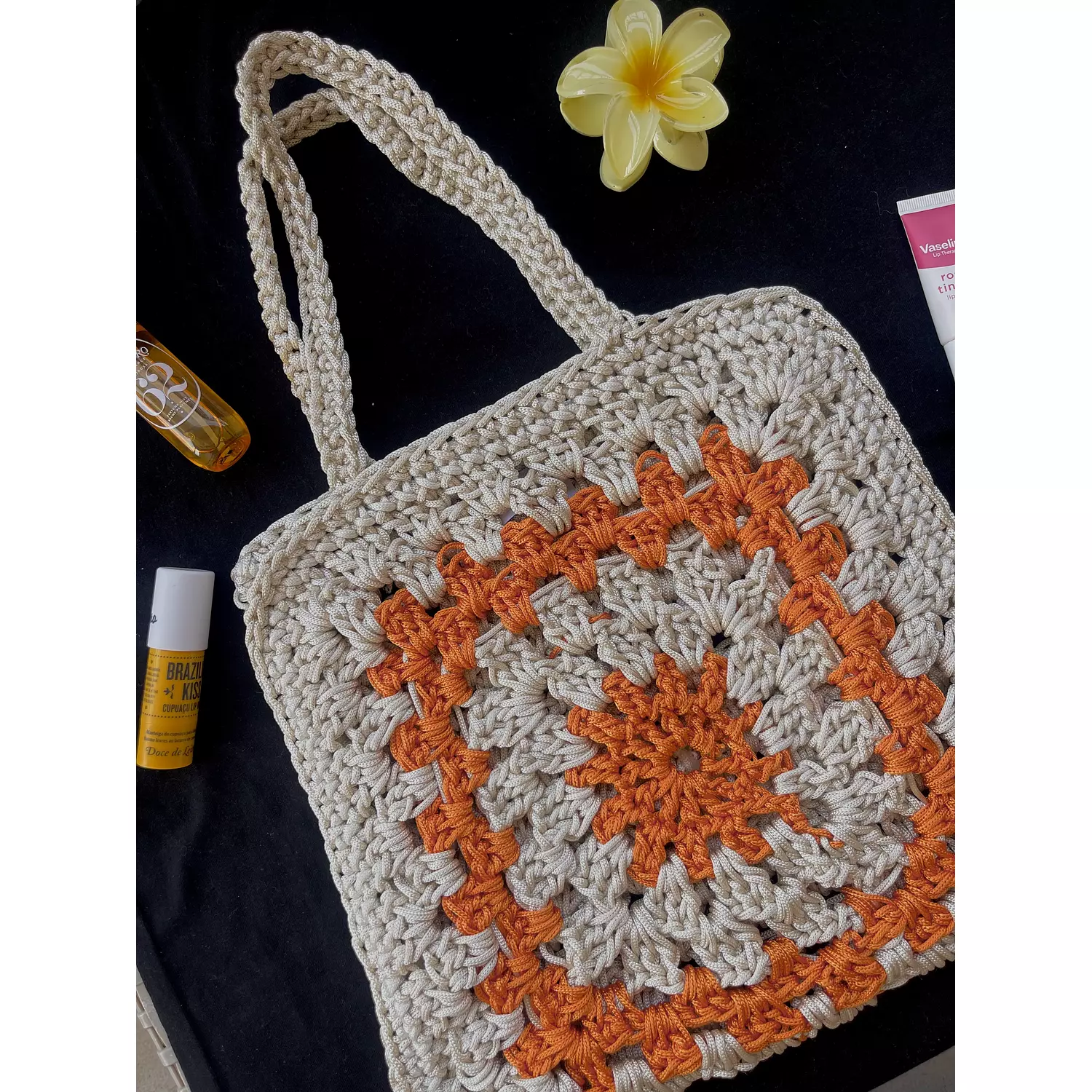 Orange granny square crochet tote bag  hover image