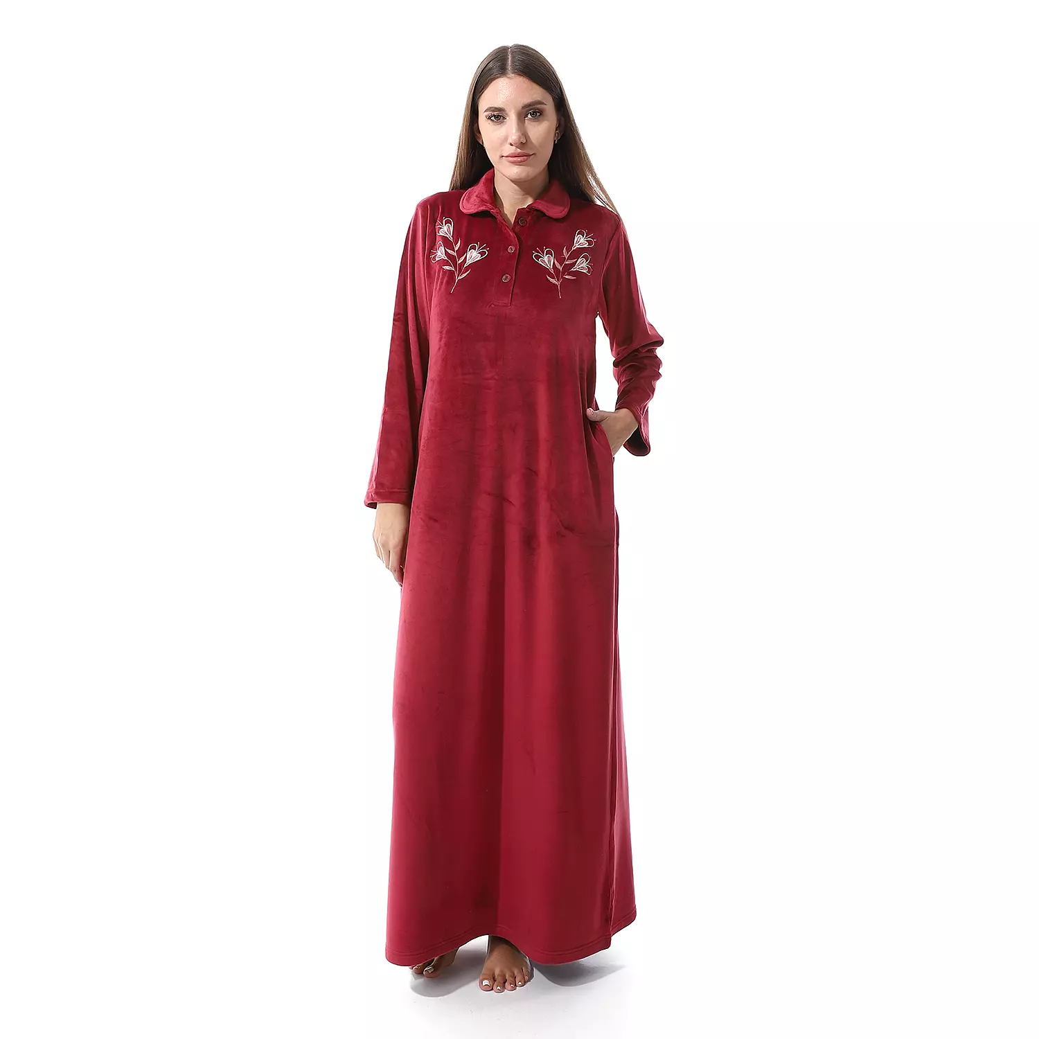 Shorto Collar Fleece Flower Embroidery Nightgown - Maroon - 2645 - 1 hover image