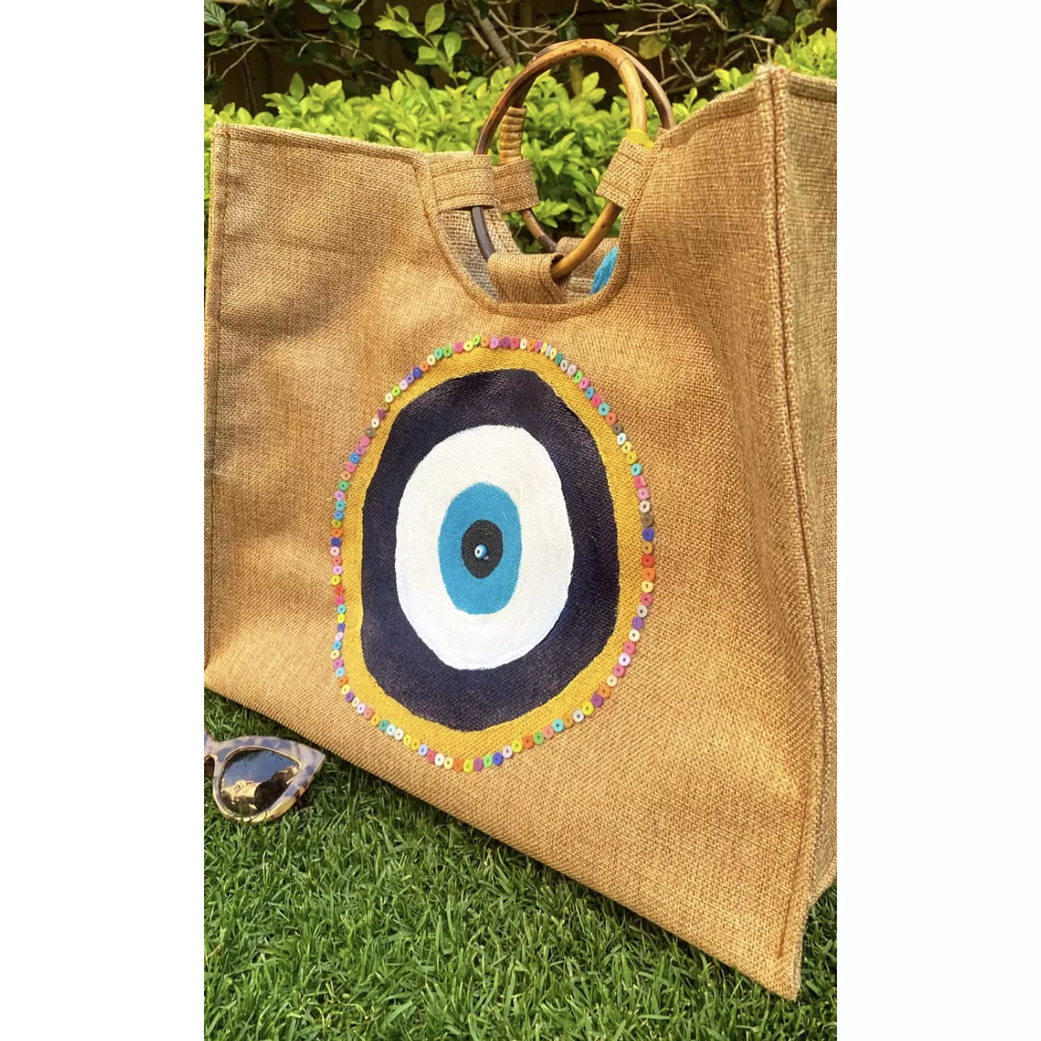 Turkish Eye Hand-Painted Burlap Tote by order 6