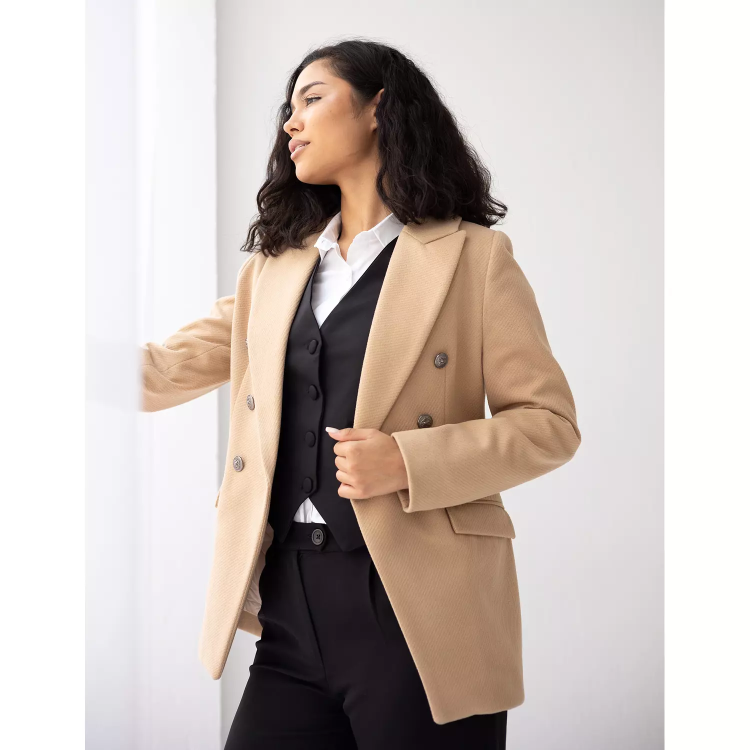 Ivory beige tweed wool double breasted blazer  5