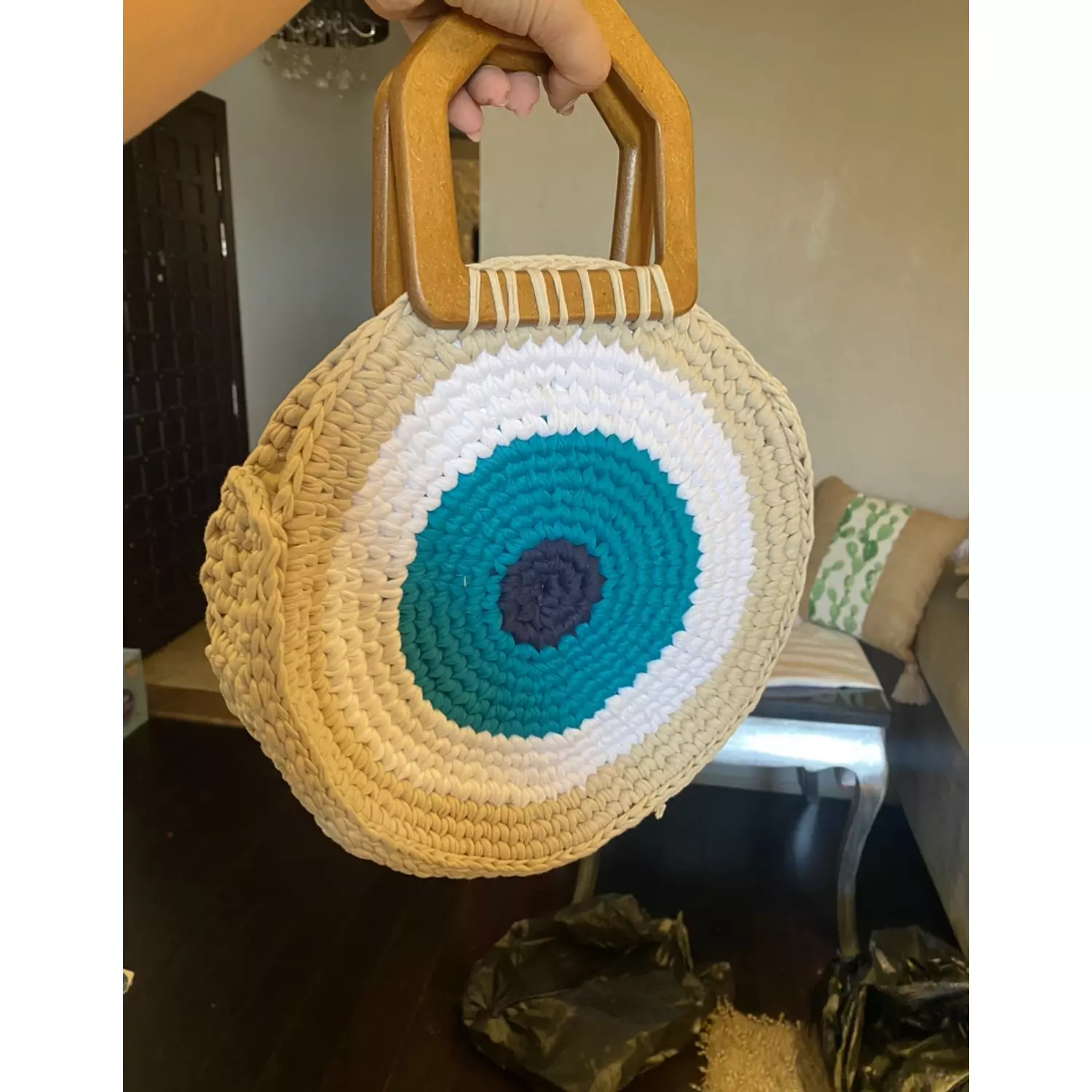 Round Turkish Eye crochet Handbag wood handles (by order) 6