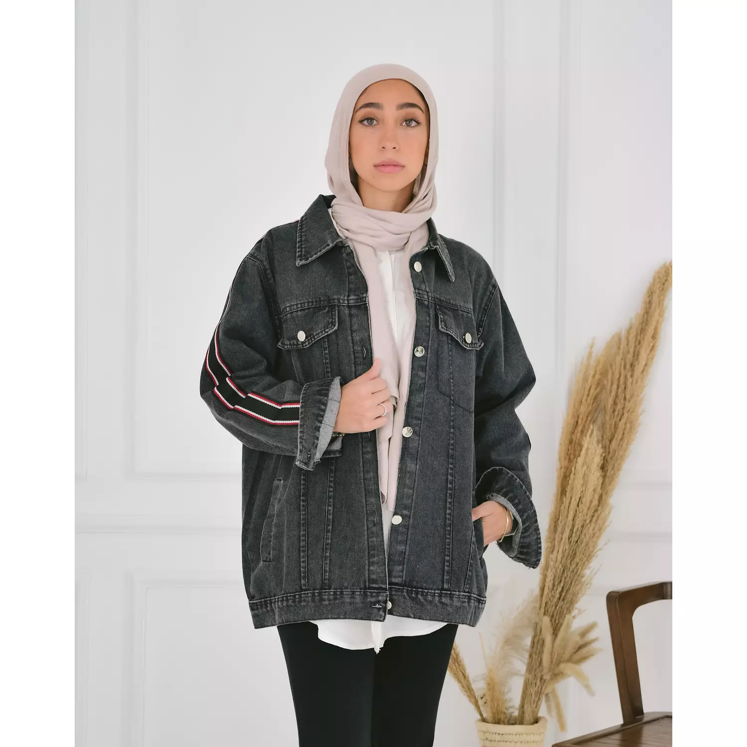 Striped denim jacket hover image