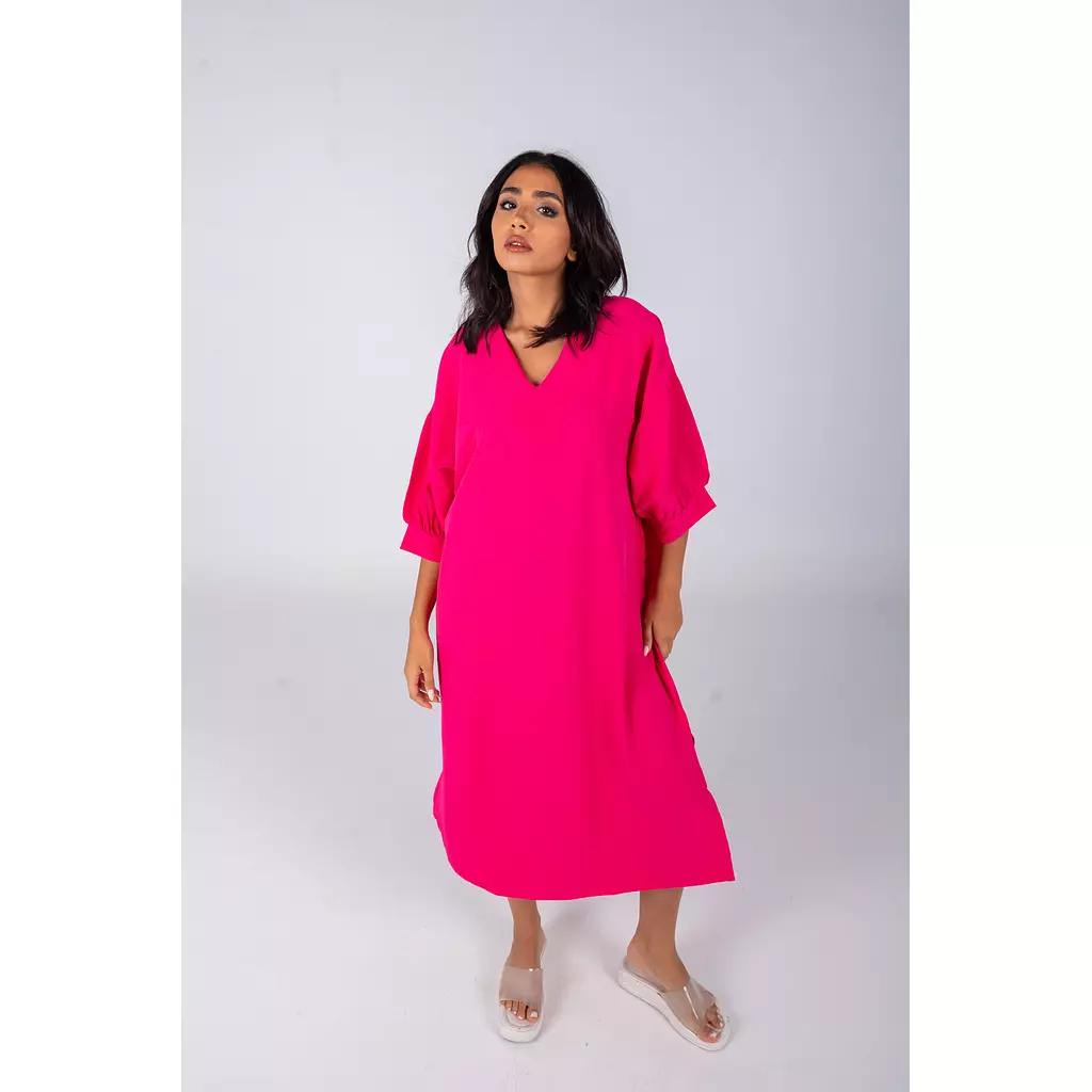 Hot Pink Plain Linen Dress