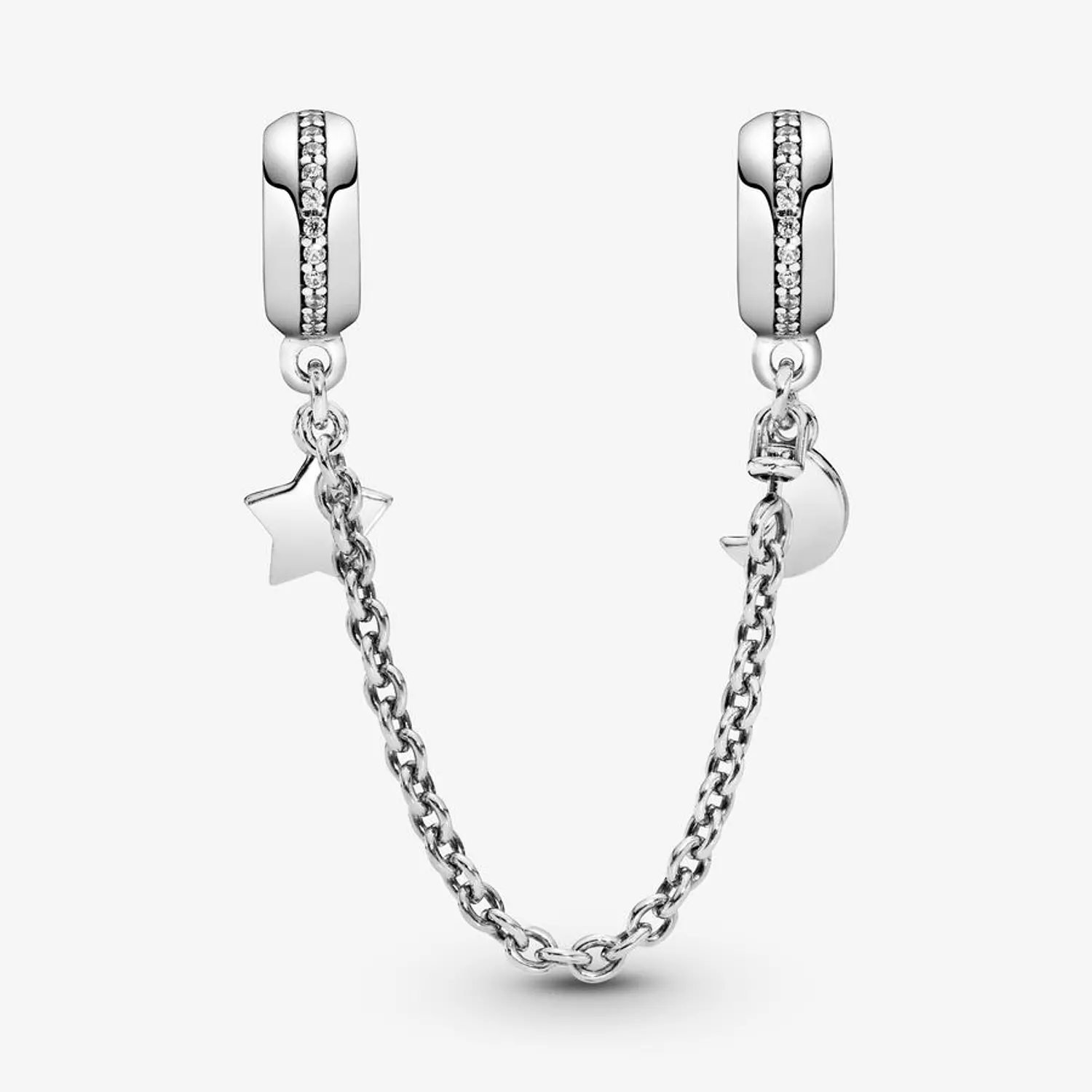 Moon and star silver safety chain with clear cubic zirconia 1