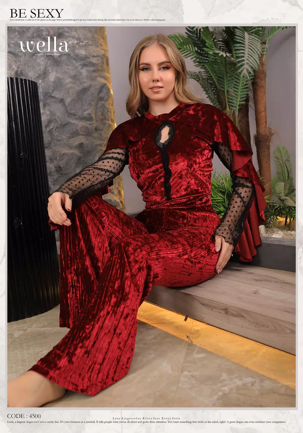 Luxurious long-sleeved velvet pajamas in maroon color  hover image