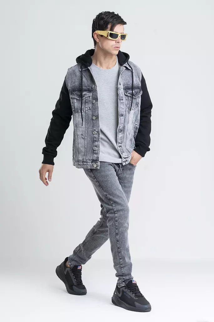 Denim Jacket With Jersey Sleeve And Hood