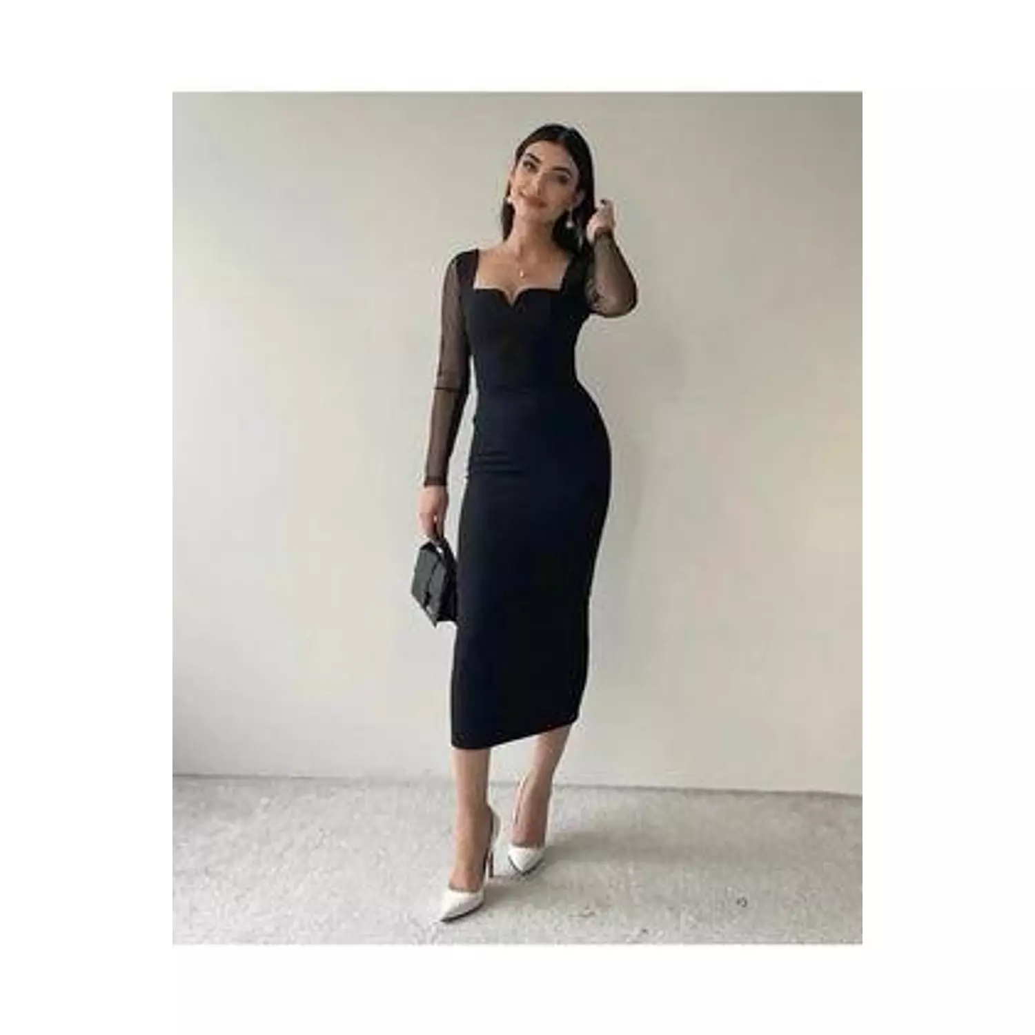 Tulle Detailed Romantic Black Pencil Dress hover image