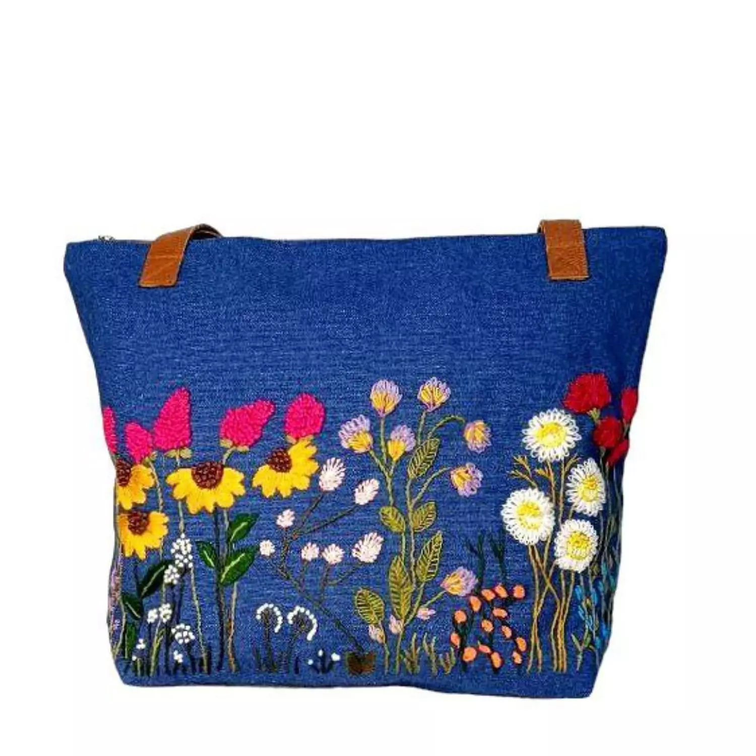 Cobalt blue denim and camel leather with embroidery flowers (A.13-15) 2