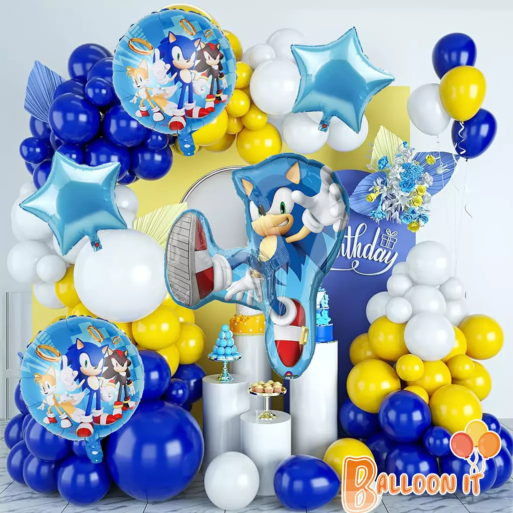 Sonic Birthday Party Supplies, 98 Pcs Sonic Party Balloons Set Includes Sonic Theme Backdrop and Balloons for Sonic Party Supplies