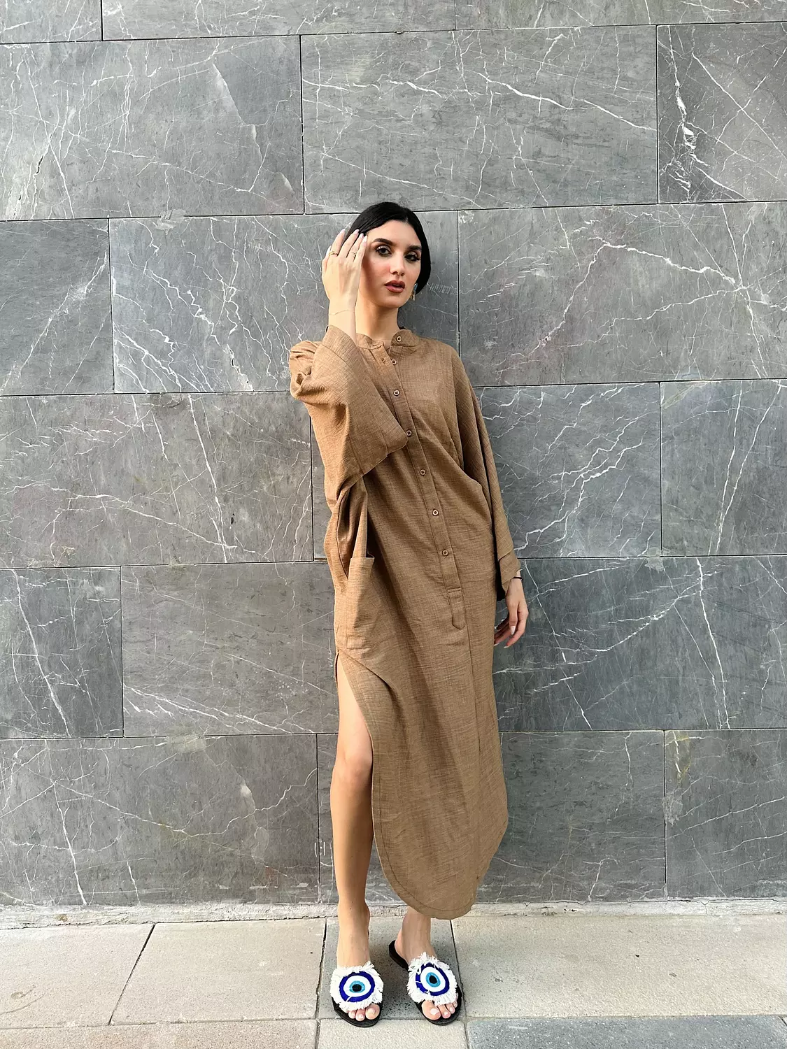 Linen flowy dress with side slits hover image