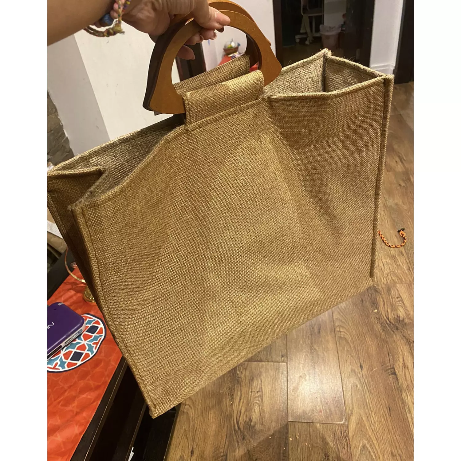 Burlap Plain Tote Wood Handles 3