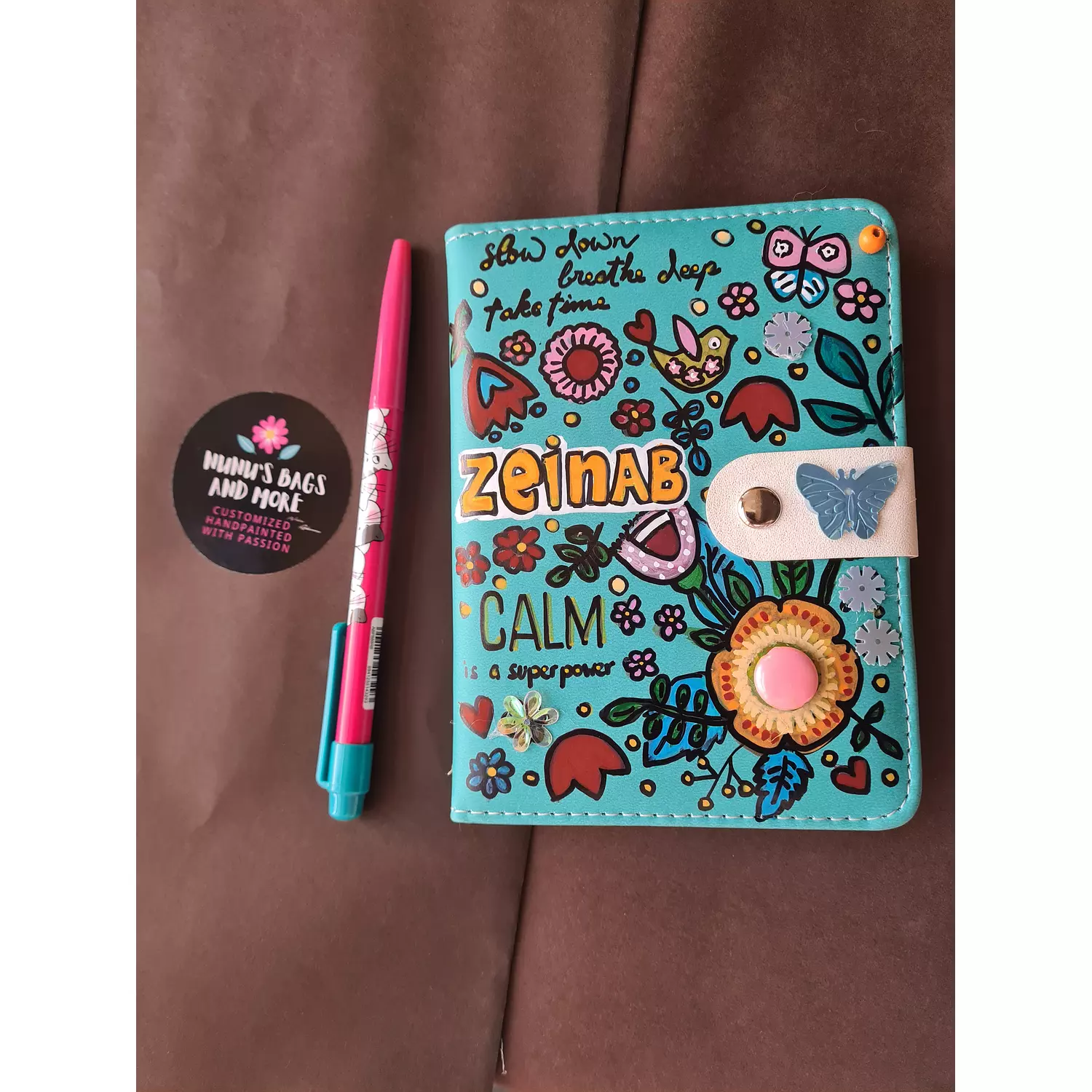 Handpainted leather cover notebook with attached cute accessories  hover image