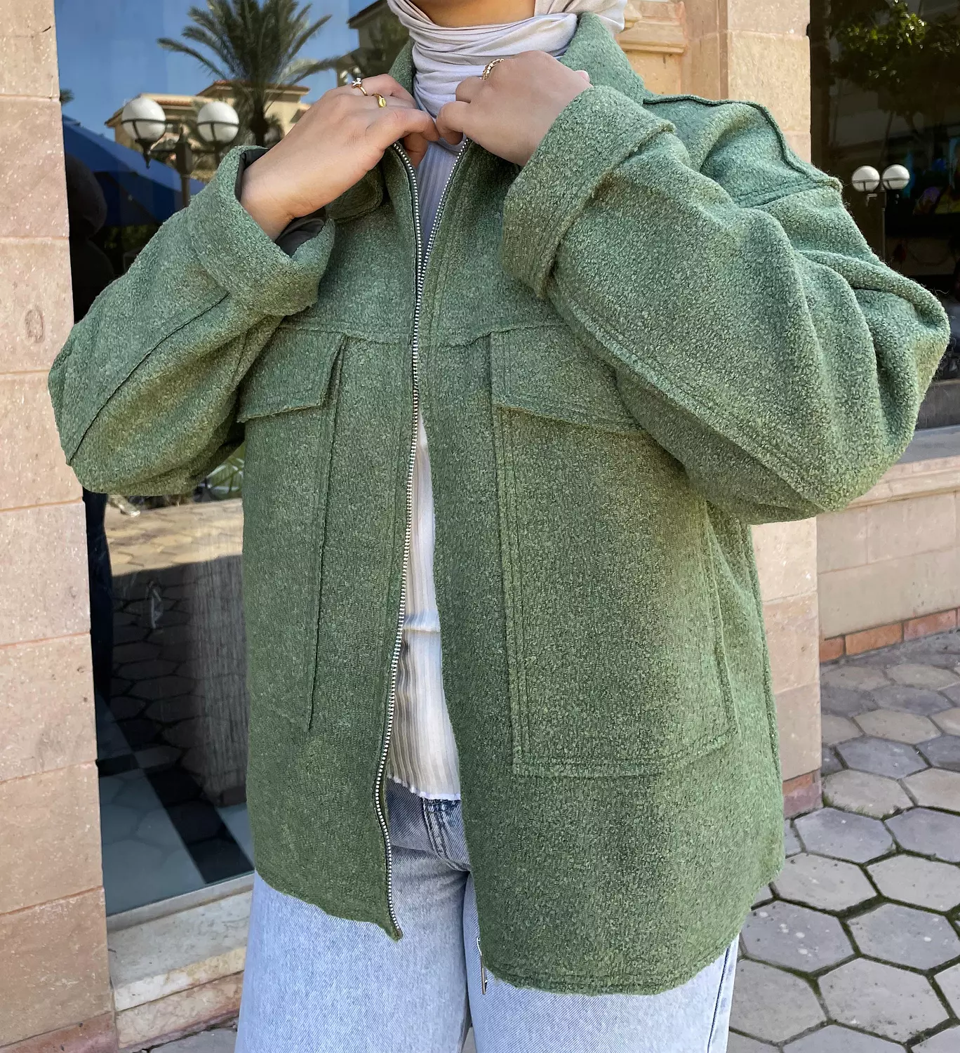 Oversized pocket bouclet jacket in Olive 3