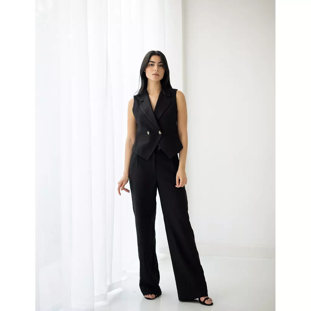 Midnight linen wide-leg straight mid pants  