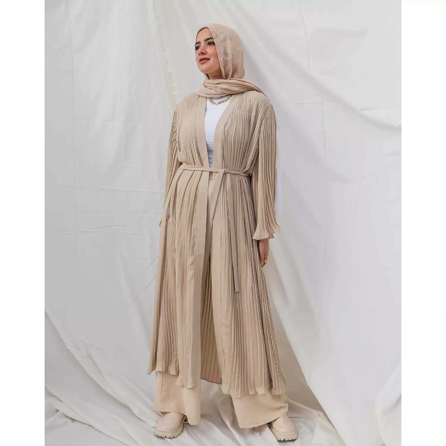 Beige Pleated Kaftan 1