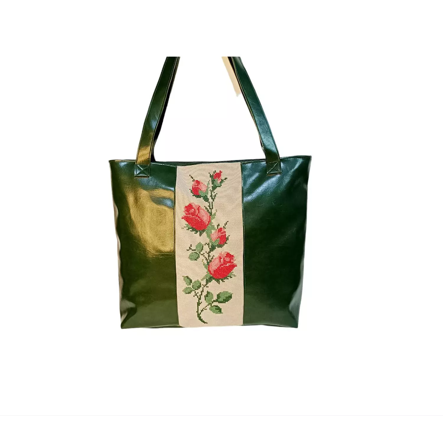 olive leather tote bag with flowers embroidery (A.17-18) 0