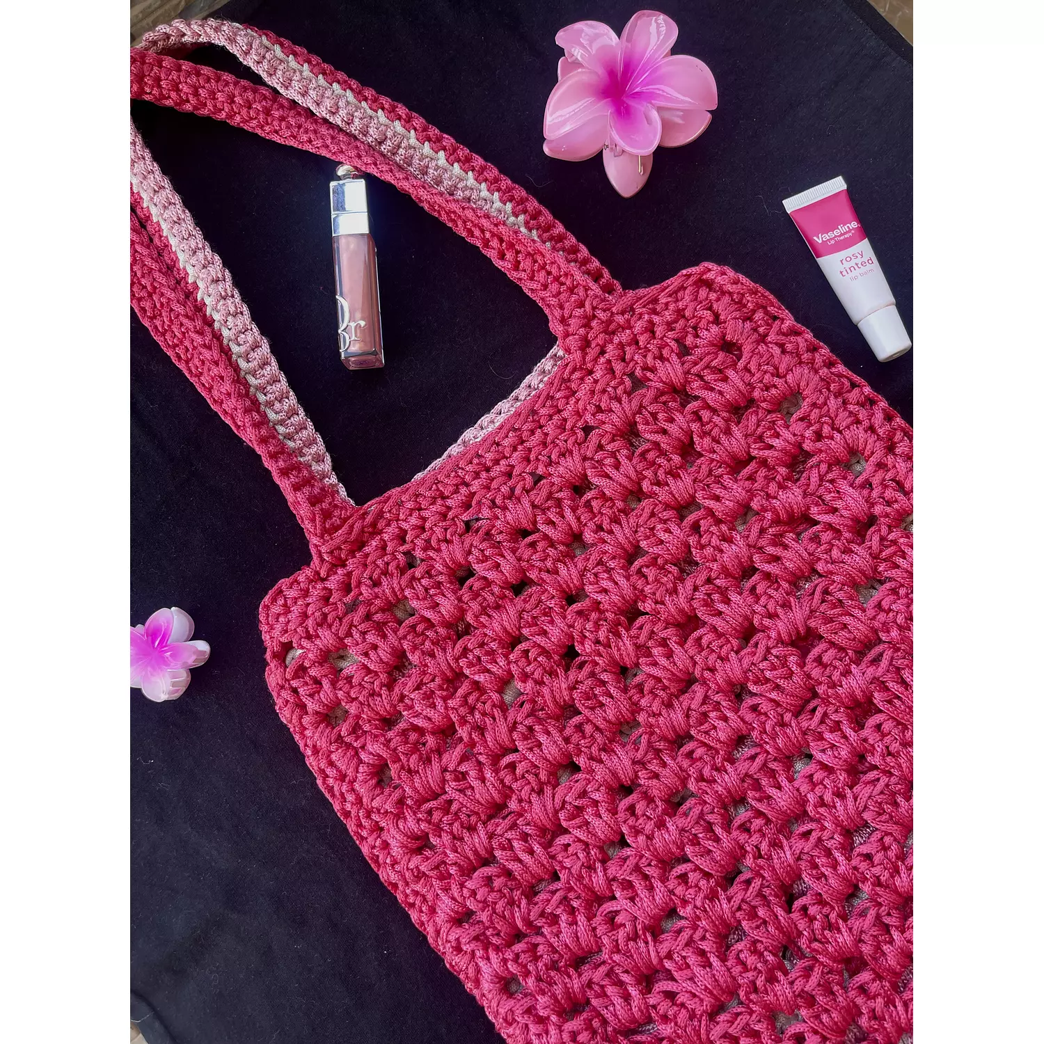 Pink granny square crochet tote bag   1