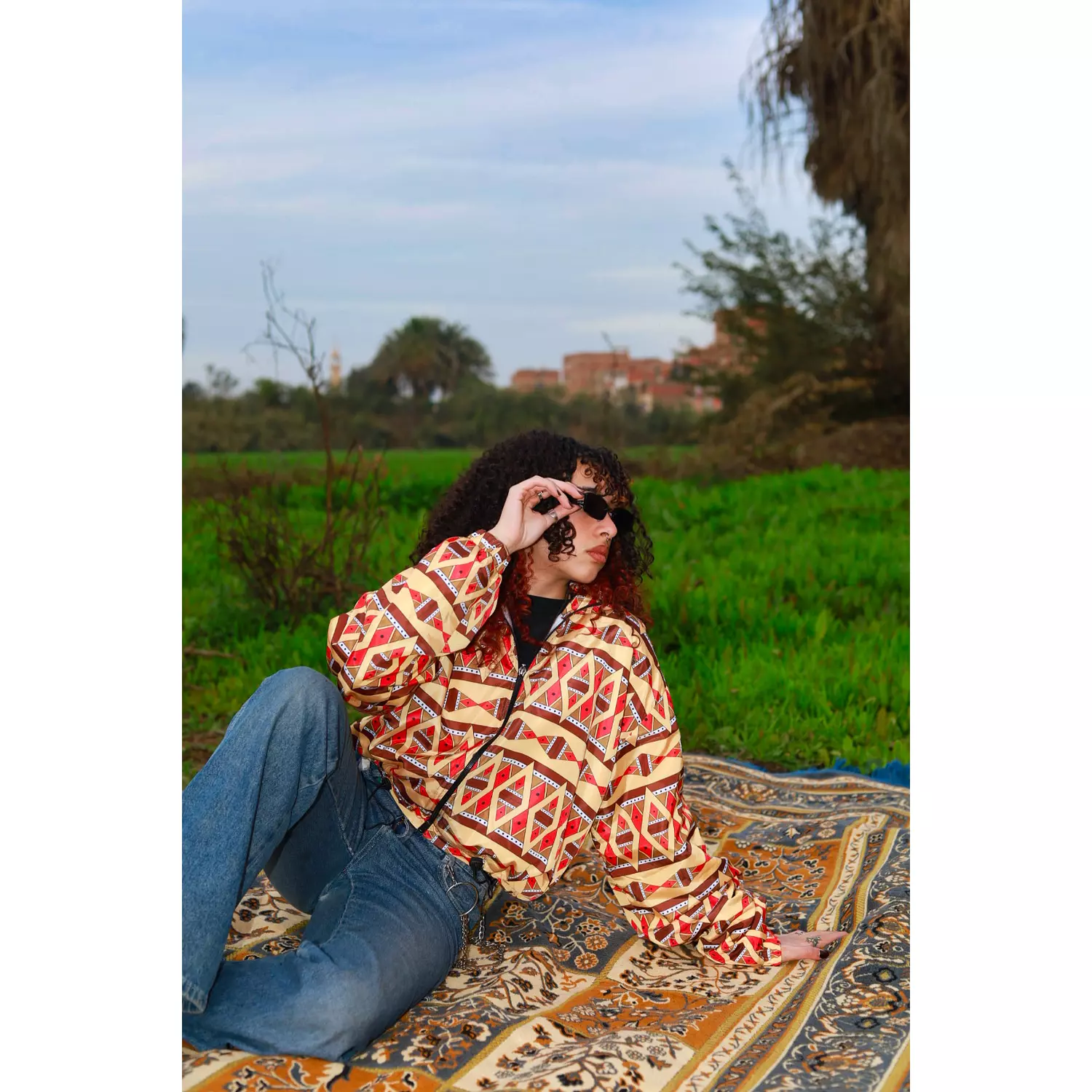 Hooded Cropped Ethnic Ochre & Orange Patterned Bomber Jacket hover image