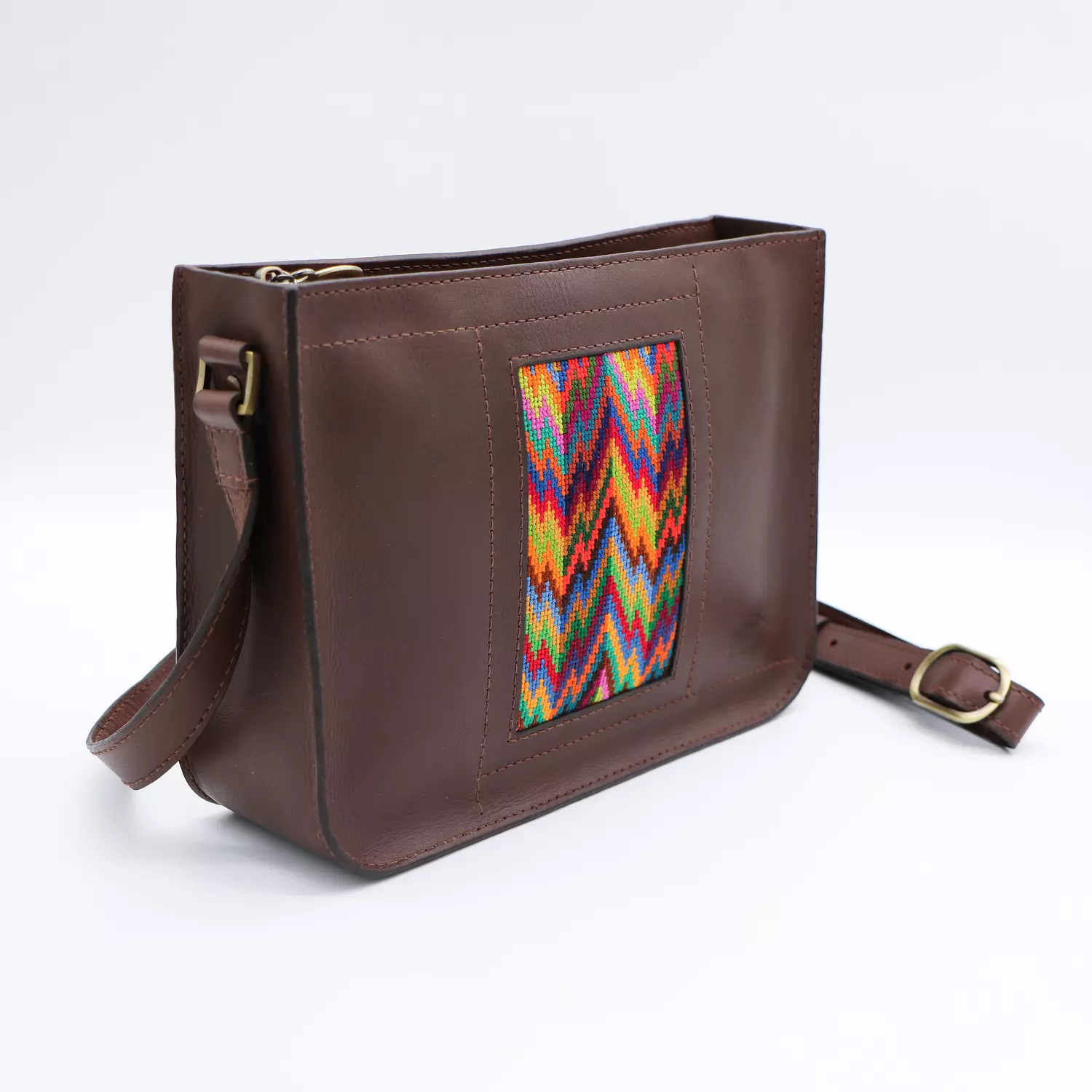Genuine leather bag with colorful Cross stitching. 1