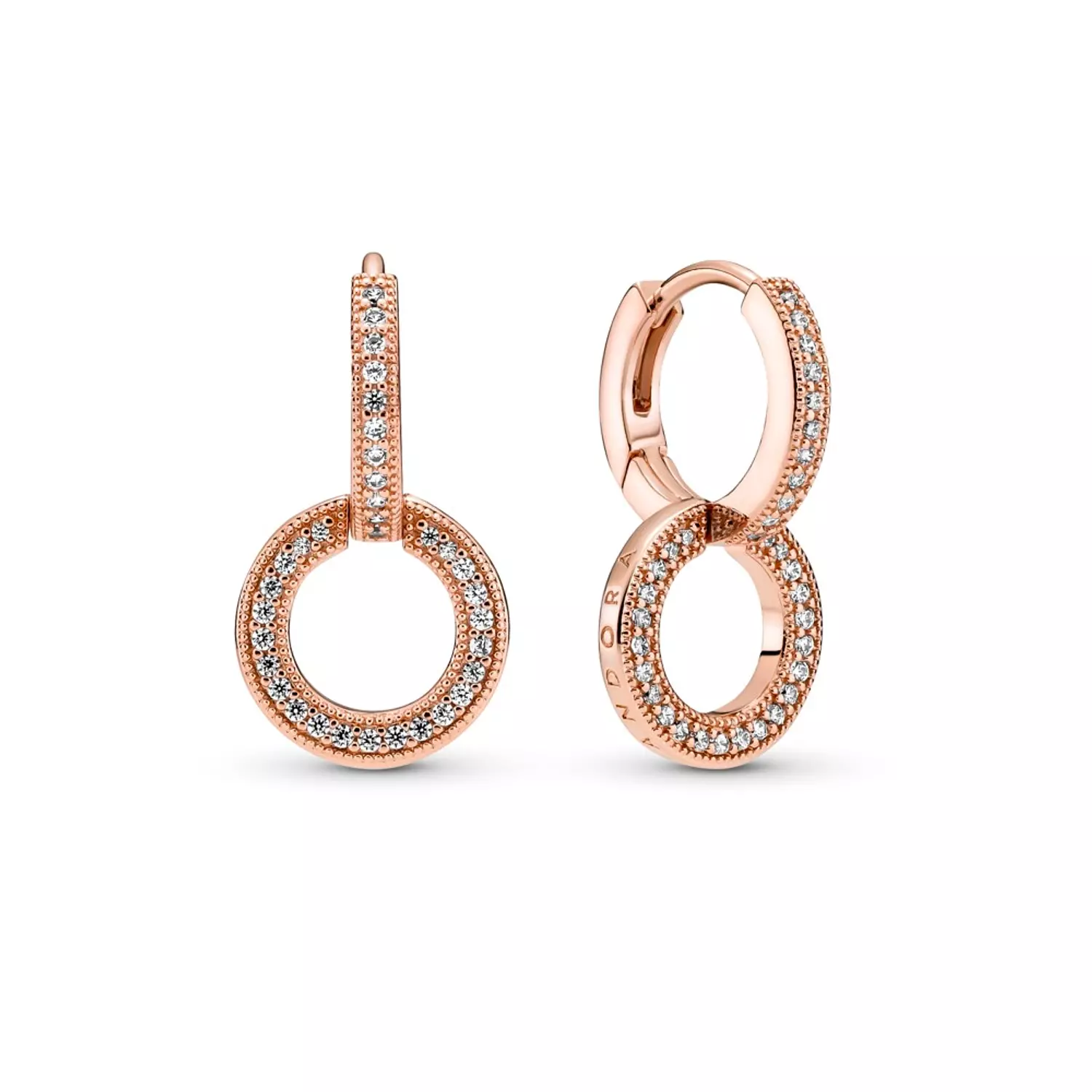 Pandora logo and circles 14k rose gold-plated hoop earrings with clear cubic zirconia hover image