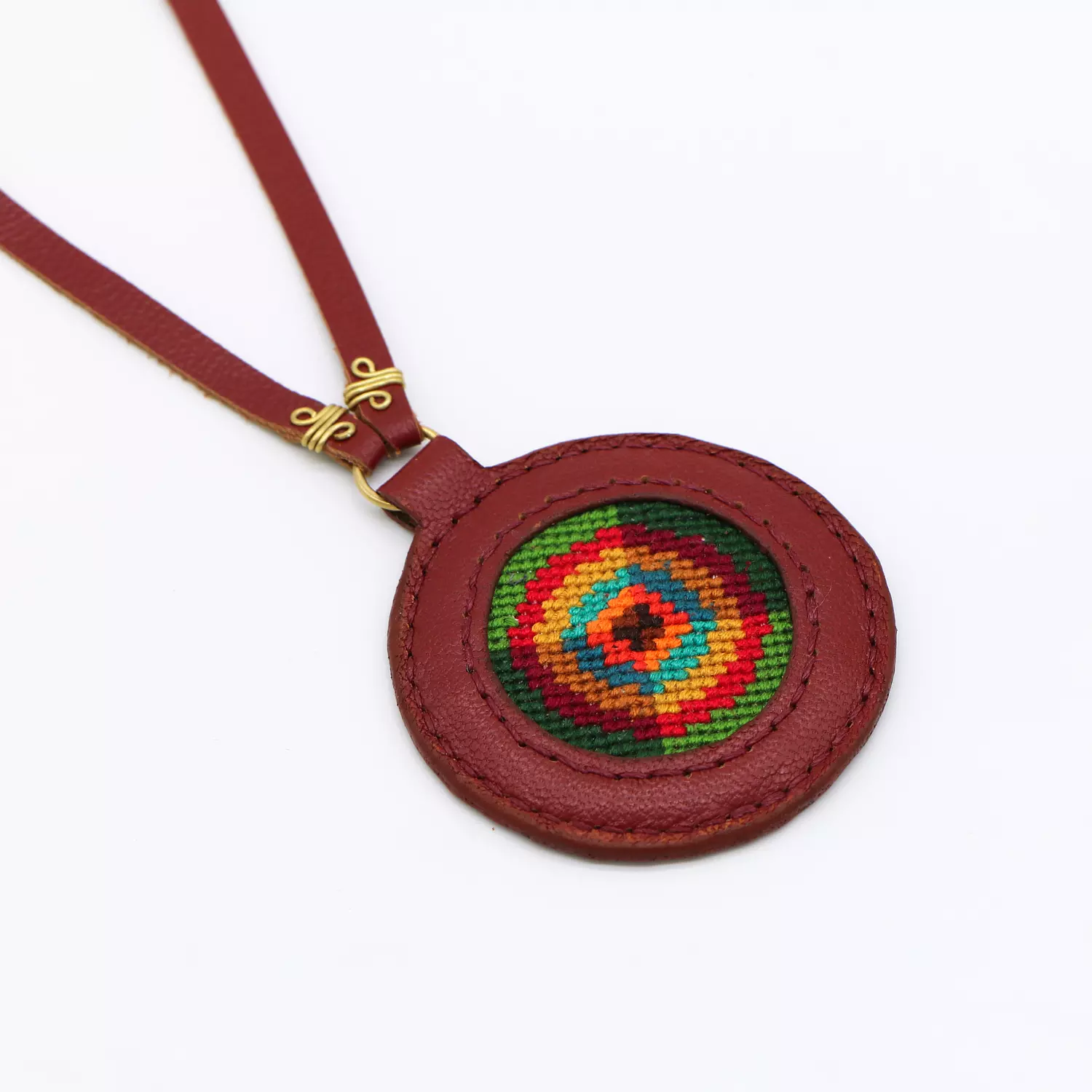 Burgundy genuine leather necklace with colorful Cross-stitching hover image