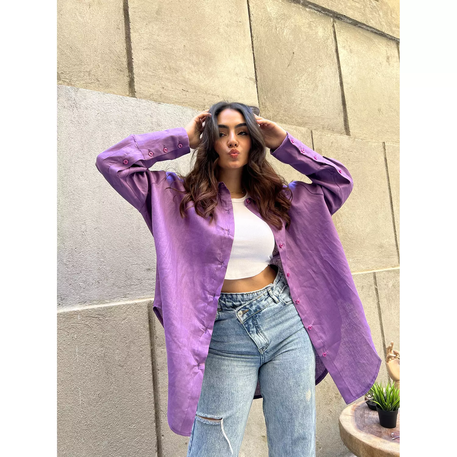 Linen long shirt in purple hover image