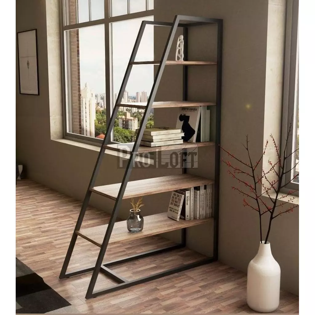  Metal display unit with wooden shelves